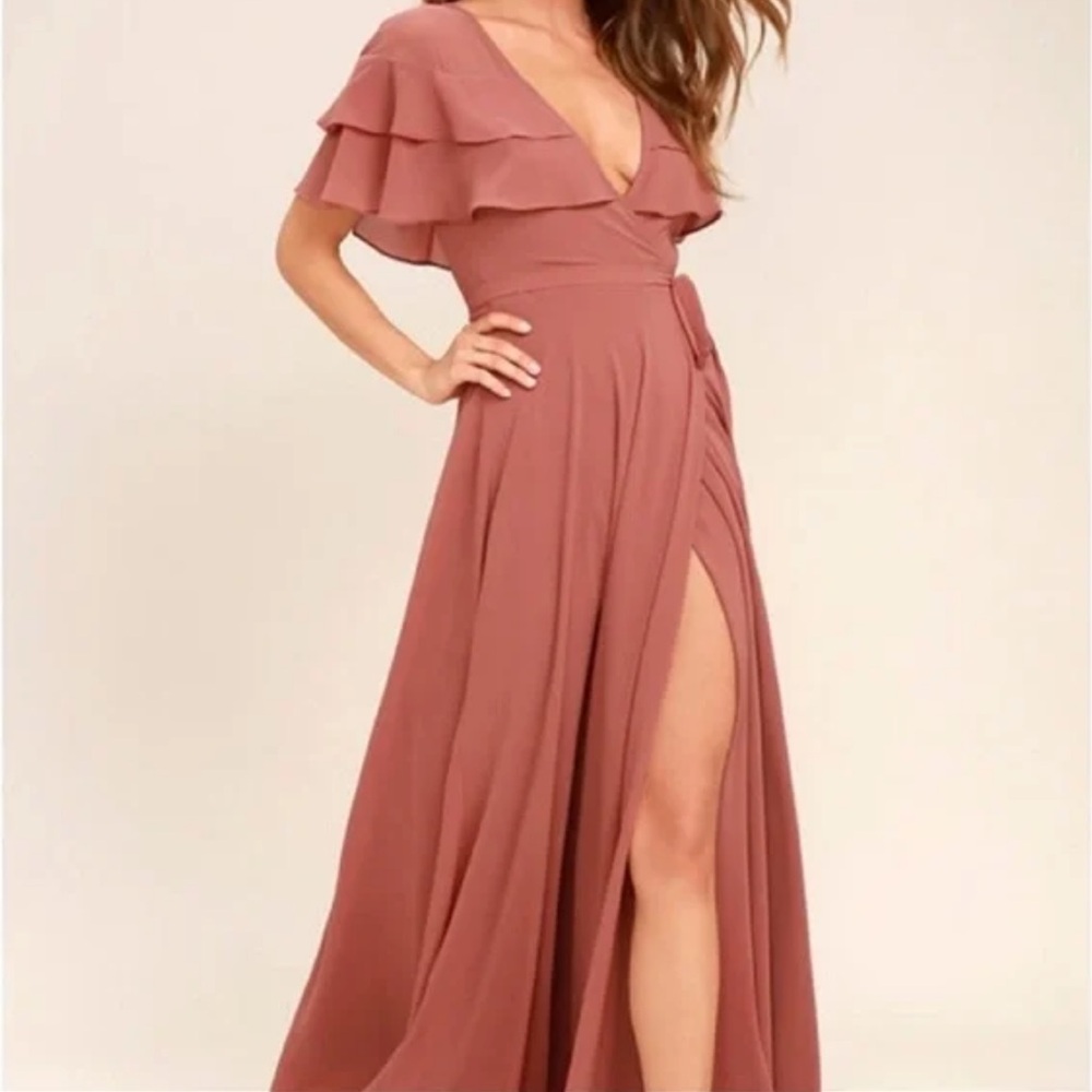 Lulu’s Rusty Rose Wrap Maxi Dress Evening Gown Flowy Prom HOCO Winter Dance, S